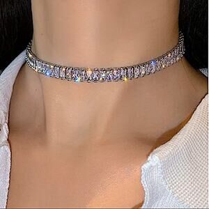 Sterling Silver Diamond Zircoin Rhinestone Choker Measures 18 In. Adjust 16"-18"
